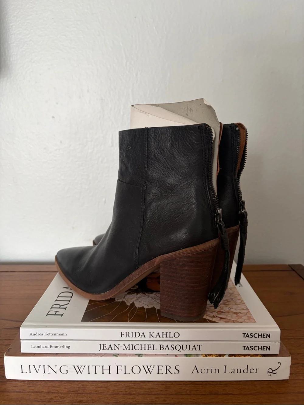 Franco Sarto Black Leather Pointed Ankle Booties with Wood Block Heel